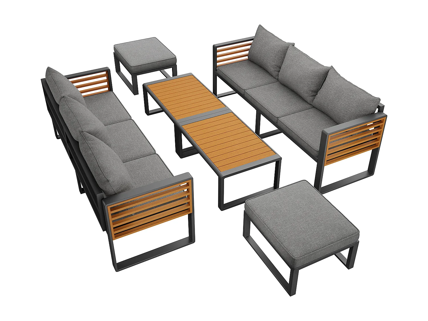 Salon de jardin, ensemble de meubles en bois-plastique pour 8 personnes  -  2 Canapé 3 places - en fer galvanisé -  2 tables - 2 tabourets, Gris