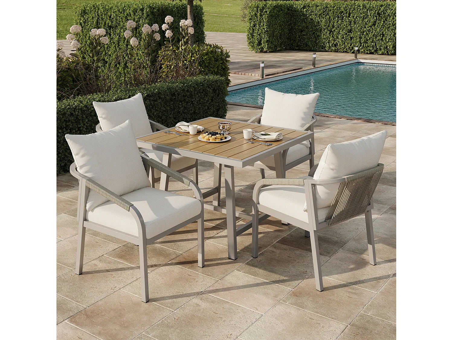 Ensemble de salle à manger de jardin pour 4 places - 4 fauteuils - 1 table - structure en fer galvanisé - en corde tressée - en bois plastique, Kaki et beige