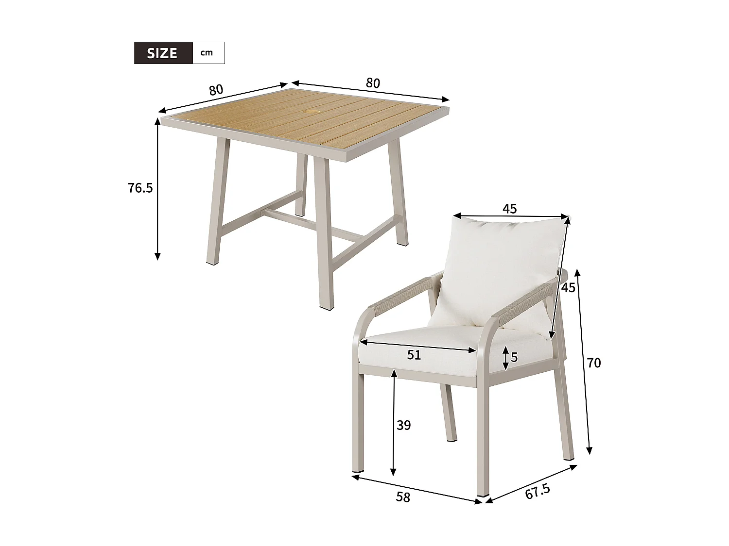Ensemble de salle à manger de jardin pour 4 places - 4 fauteuils - 1 table - structure en fer galvanisé - en corde tressée - en bois plastique, Kaki et beige