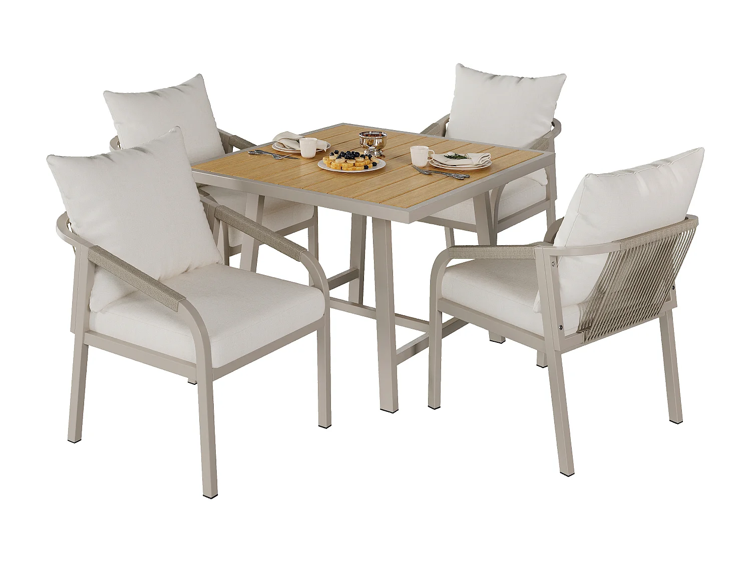 Ensemble de salle à manger de jardin pour 4 places - 4 fauteuils - 1 table - structure en fer galvanisé - en corde tressée - en bois plastique, Kaki et beige