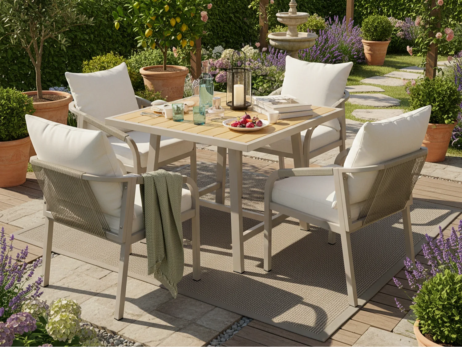 Ensemble de salle à manger de jardin pour 4 places - 4 fauteuils - 1 table - structure en fer galvanisé - en corde tressée - en bois plastique, Kaki et beige