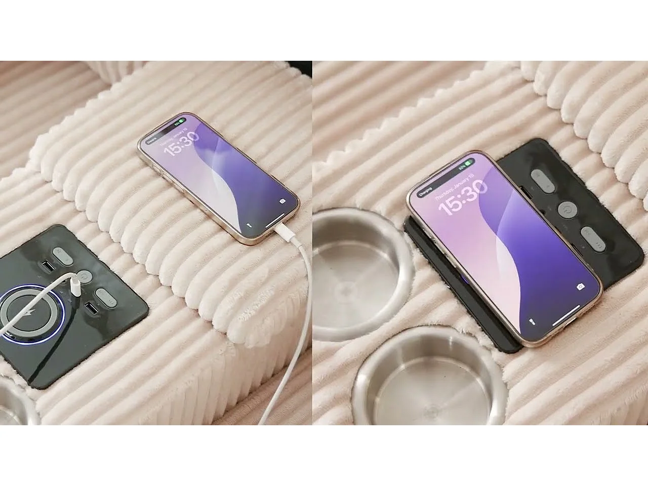 Canapé d'angle en U ou en L - avec enceinte Bluetooth - avec espace de rangement - chargeur sans fil + port USB - avec porte-gobelet - avec coussins - beige