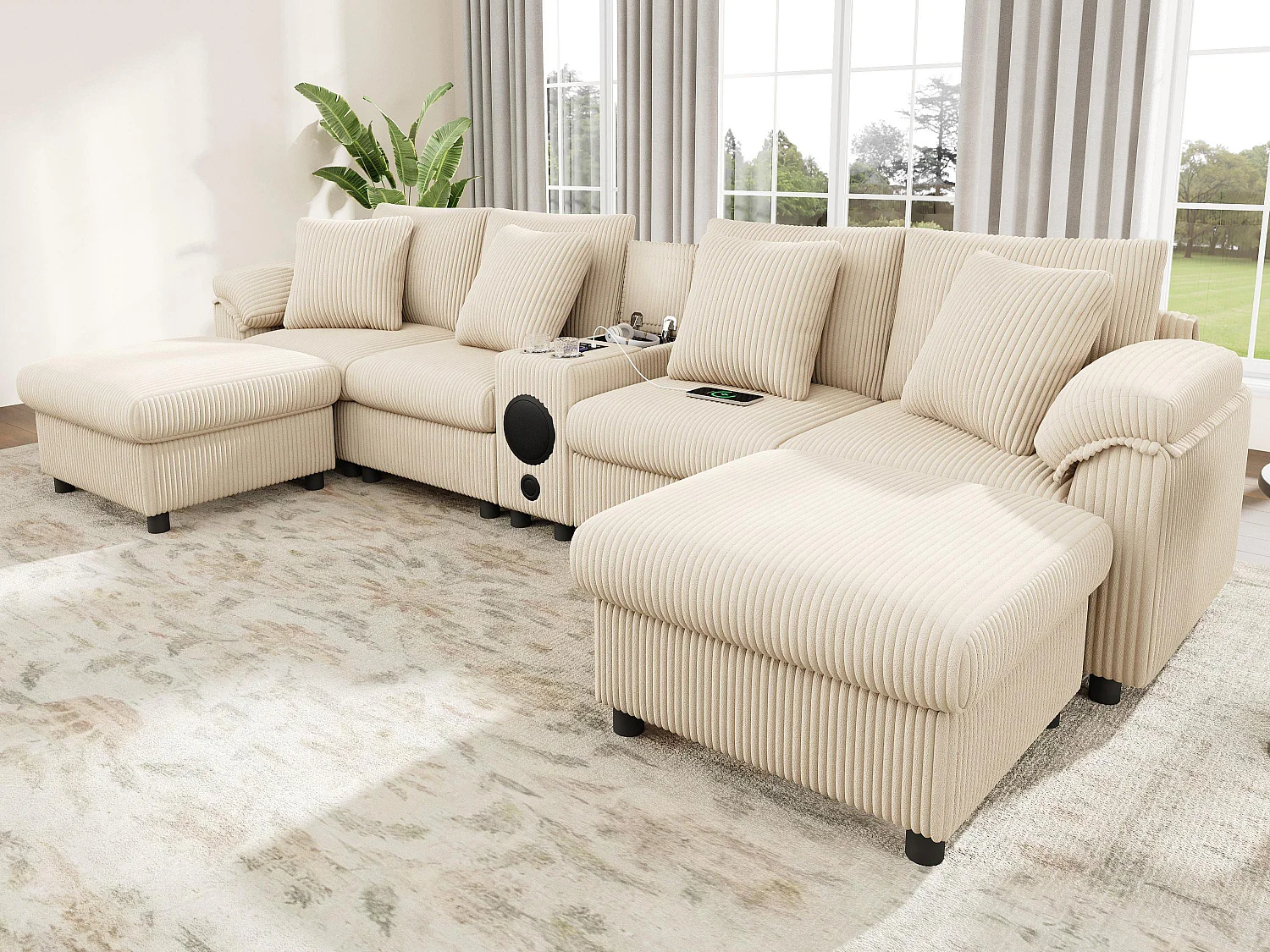 Canapé d'angle en U ou en L - avec enceinte Bluetooth - avec espace de rangement - chargeur sans fil + port USB - avec porte-gobelet - avec coussins - beige