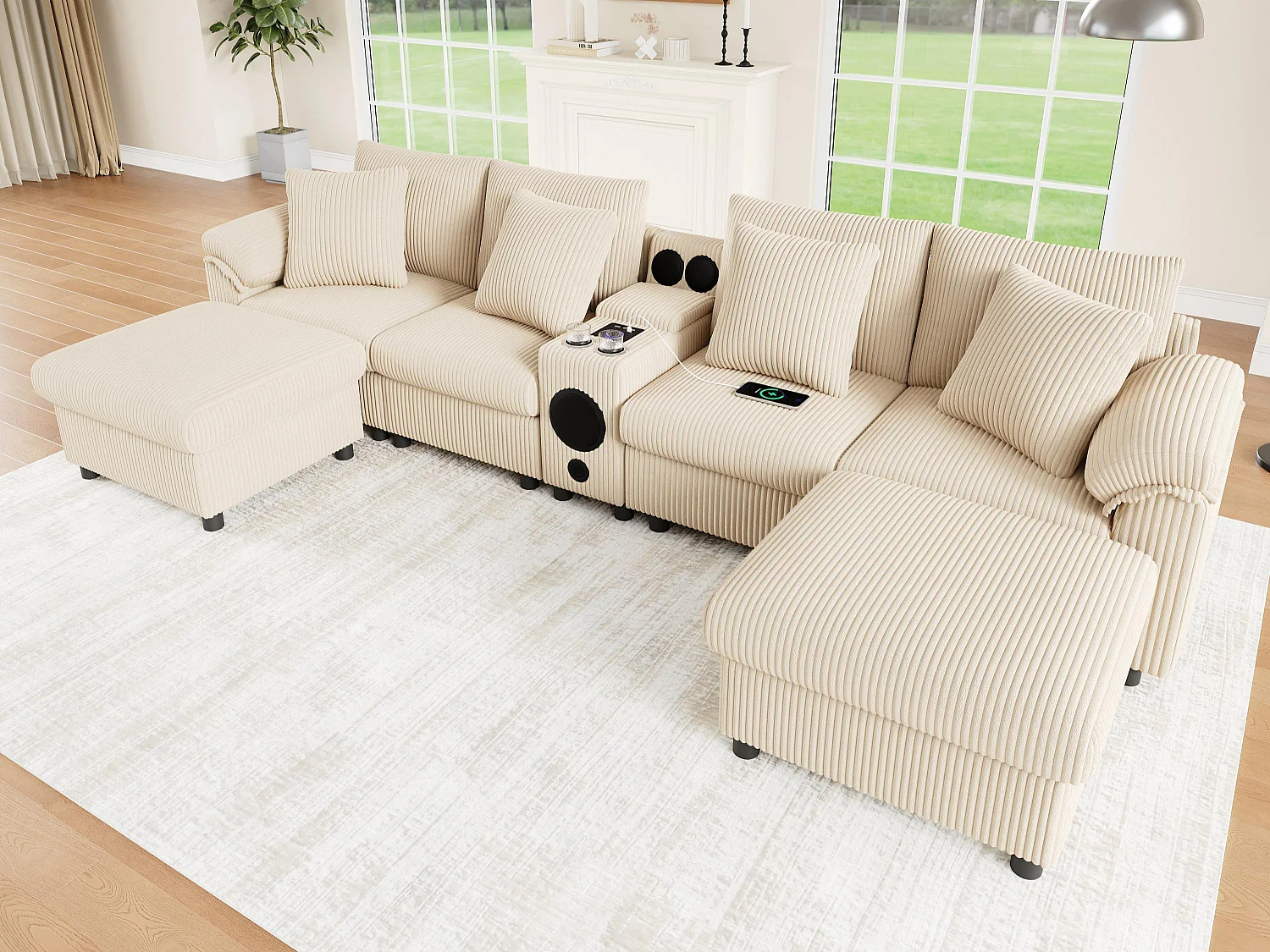 Canapé d'angle en U ou en L - avec enceinte Bluetooth - avec espace de rangement - chargeur sans fil + port USB - avec porte-gobelet - avec coussins - beige