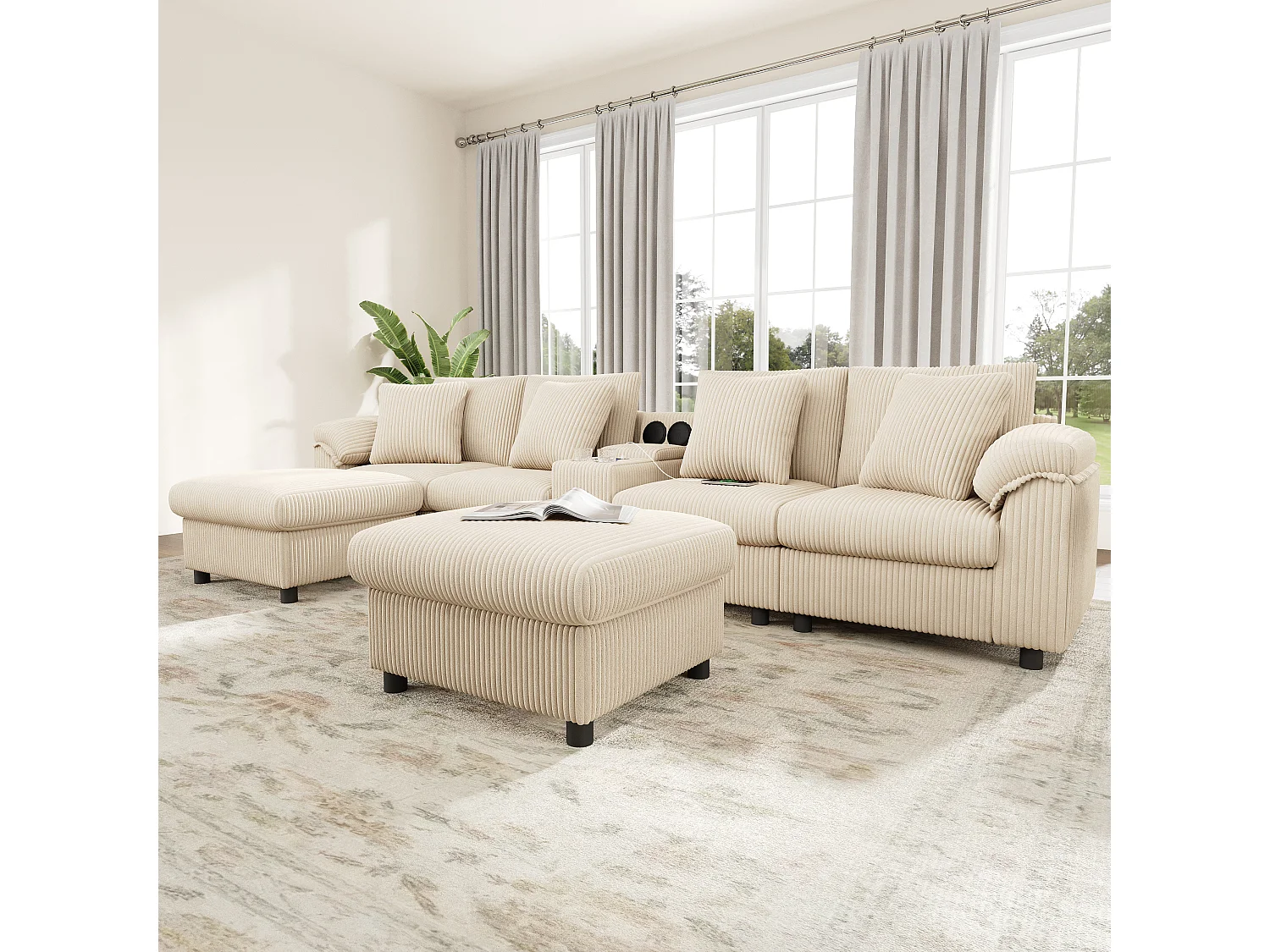 Canapé d'angle en U ou en L - avec enceinte Bluetooth - avec espace de rangement - chargeur sans fil + port USB - avec porte-gobelet - avec coussins - beige