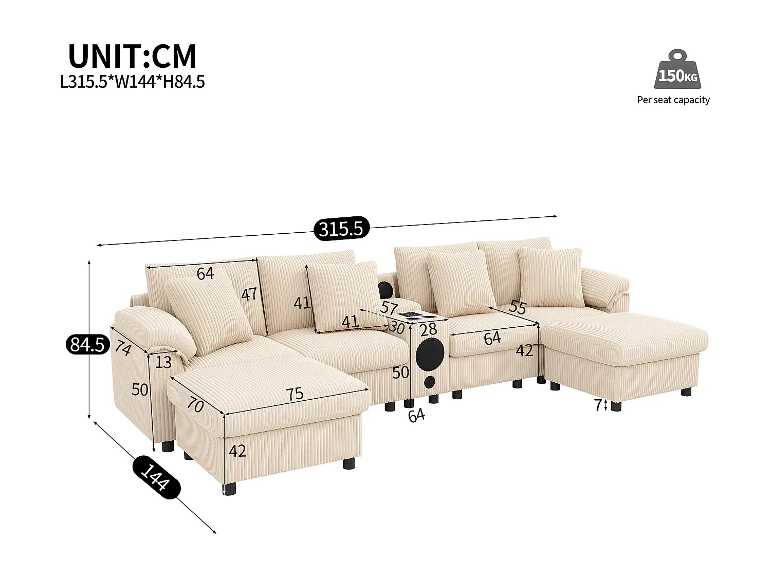 Canapé d'angle en U ou en L - avec enceinte Bluetooth - avec espace de rangement - chargeur sans fil + port USB - avec porte-gobelet - avec coussins - beige
