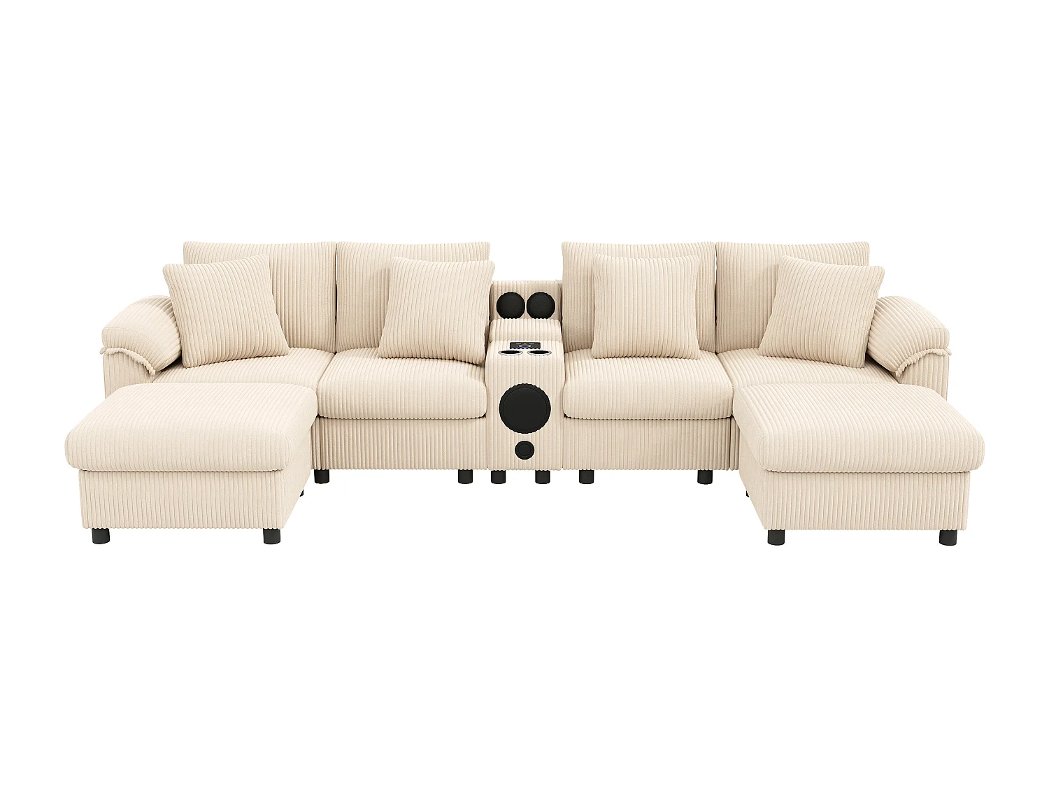 Canapé d'angle en U ou en L - avec enceinte Bluetooth - avec espace de rangement - chargeur sans fil + port USB - avec porte-gobelet - avec coussins - beige