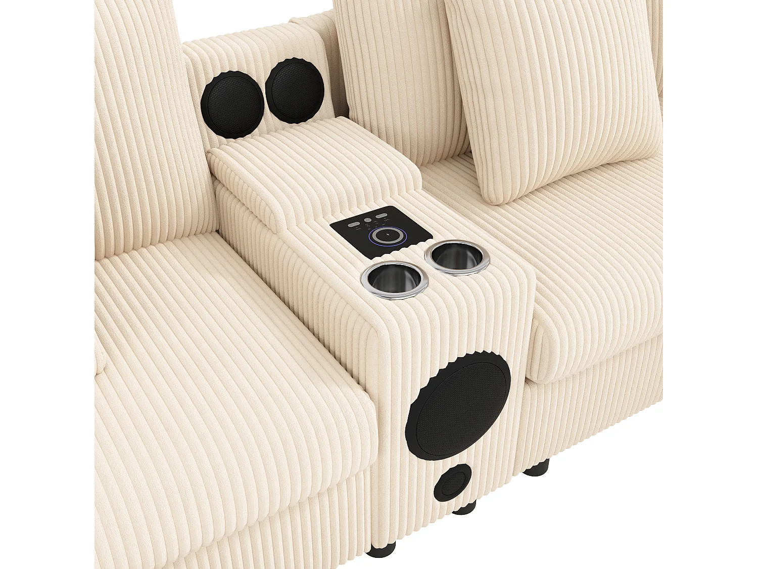 Canapé d'angle en U ou en L - avec enceinte Bluetooth - avec espace de rangement - chargeur sans fil + port USB - avec porte-gobelet - avec coussins - beige