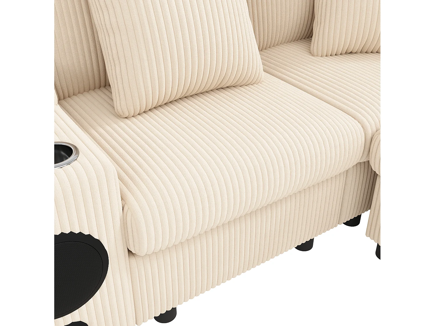 Canapé d'angle en U ou en L - avec enceinte Bluetooth - avec espace de rangement - chargeur sans fil + port USB - avec porte-gobelet - avec coussins - beige