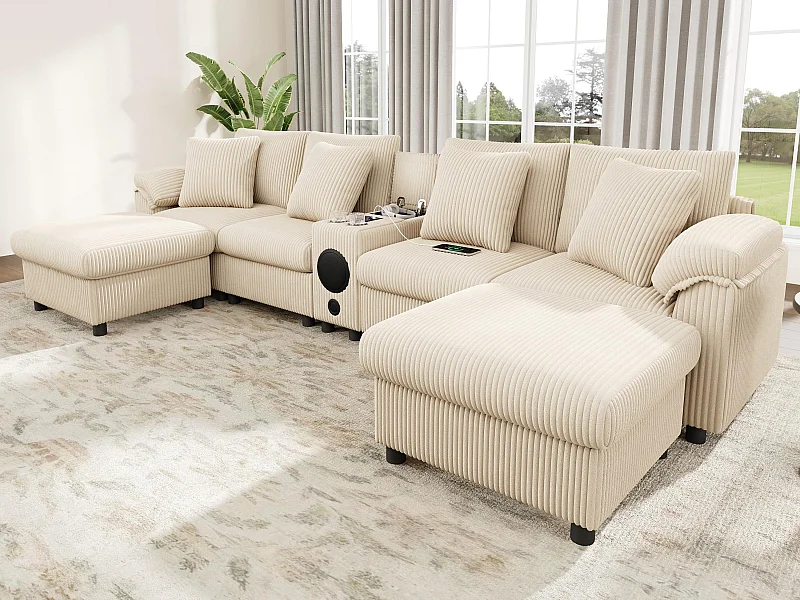 Canapé d'angle en U ou en L - avec enceinte Bluetooth - avec espace de rangement - chargeur sans fil + port USB - avec porte-gobelet - avec coussins - beige