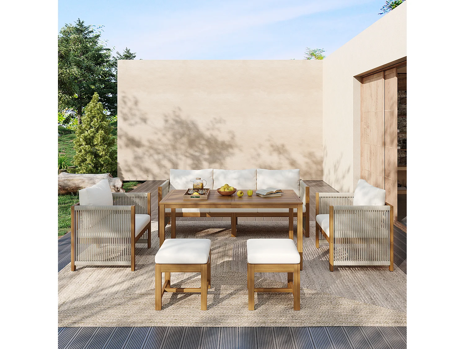 Tuin eetkamer set voor 7 personen, bank, 2 eenpersoonsbanken, 2 krukken, eettafel, blad van acacia, gegalvaniseerd staal, Beige