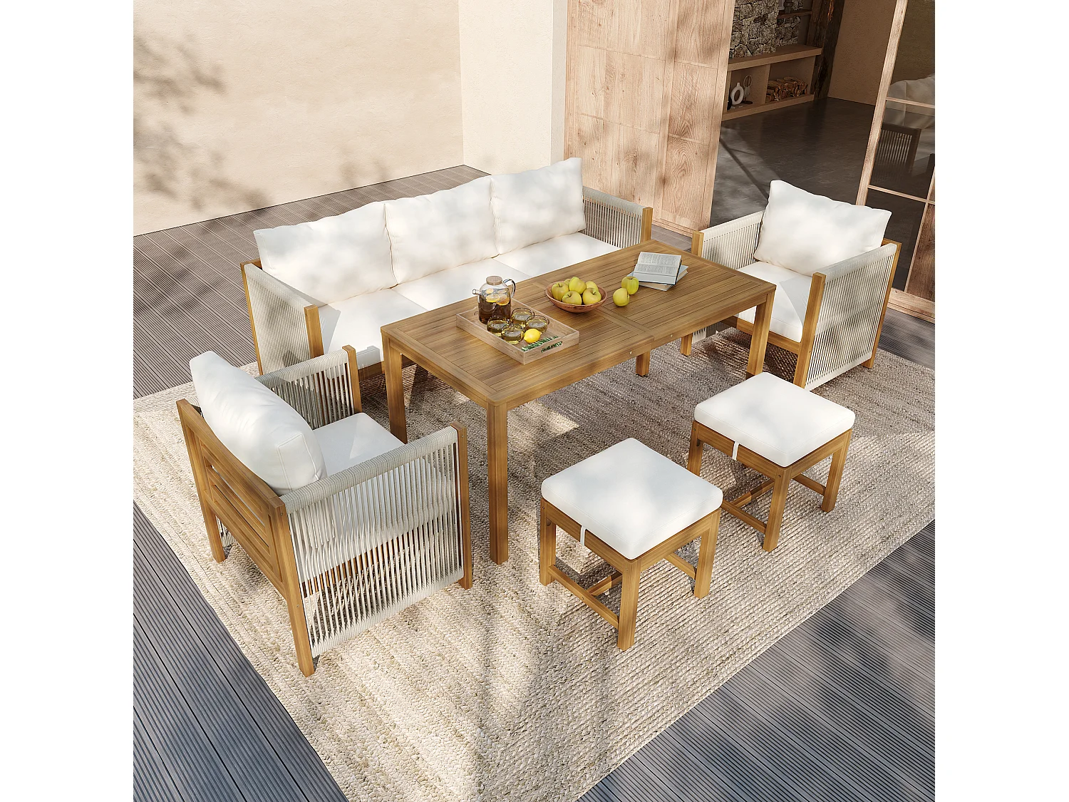 Tuin eetkamer set voor 7 personen, bank, 2 eenpersoonsbanken, 2 krukken, eettafel, blad van acacia, gegalvaniseerd staal, Beige