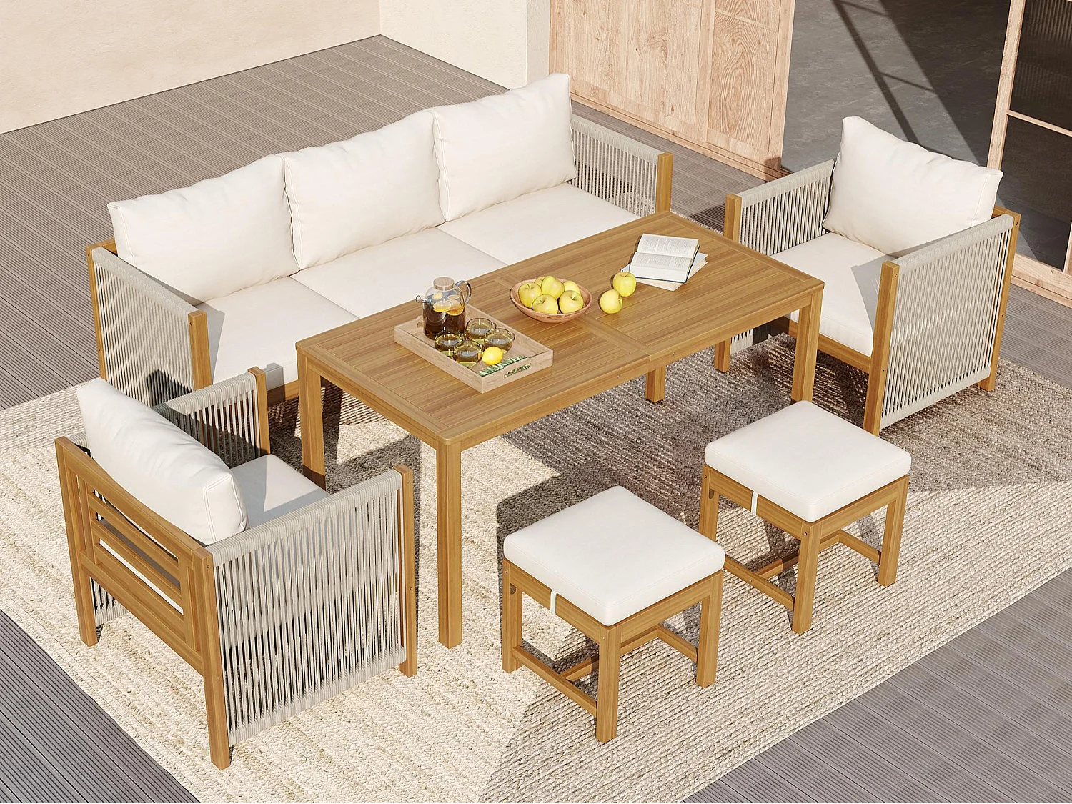 Ensemble de salle à manger de jardin pour 7 places, canapé, 2 canapés simples, 2 tabourets, table à manger, plateau en acacia, acier galvanisé, Beige