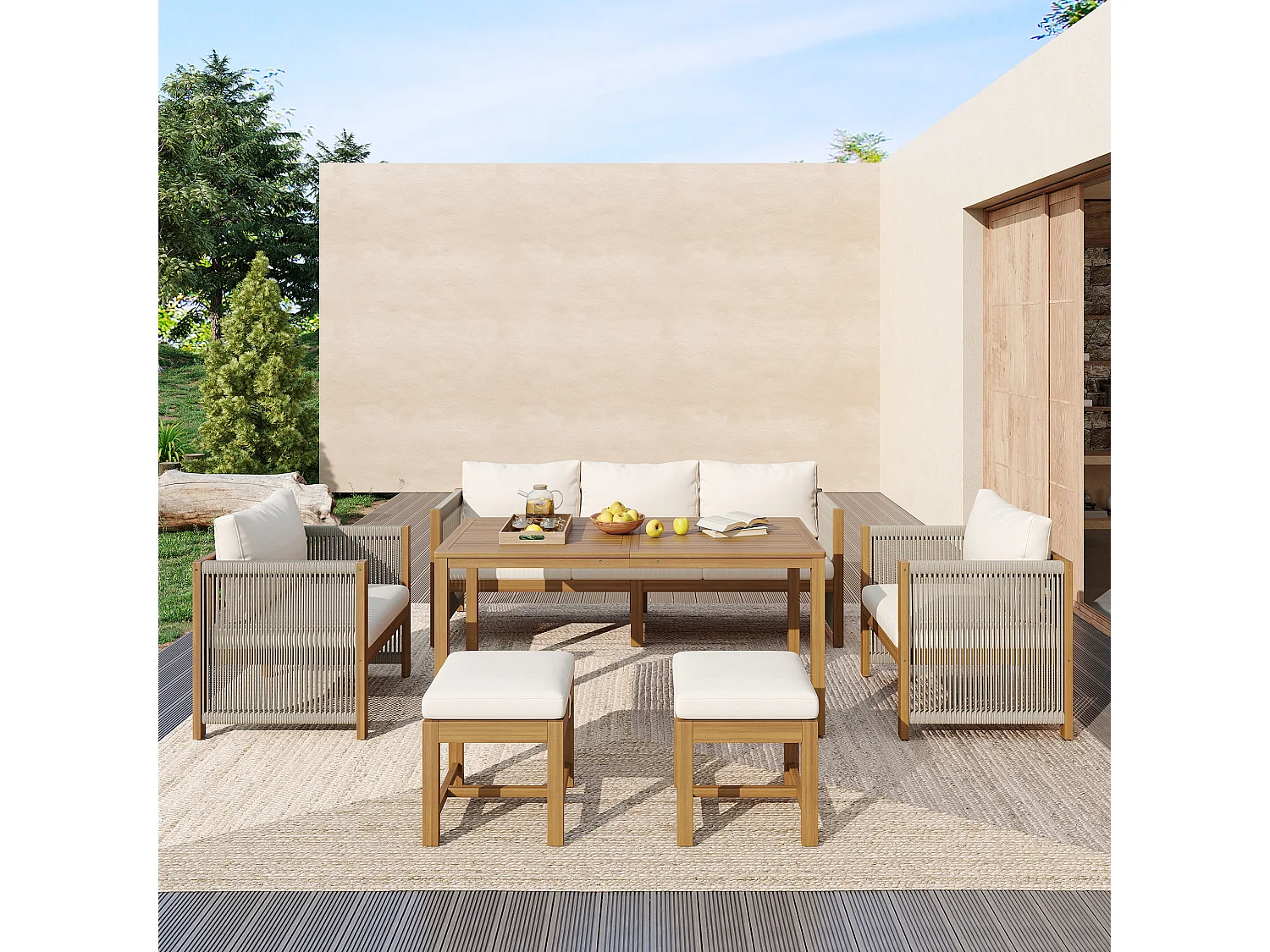 Ensemble de salle à manger de jardin pour 7 places, canapé, 2 canapés simples, 2 tabourets, table à manger, plateau en acacia, acier galvanisé, Beige