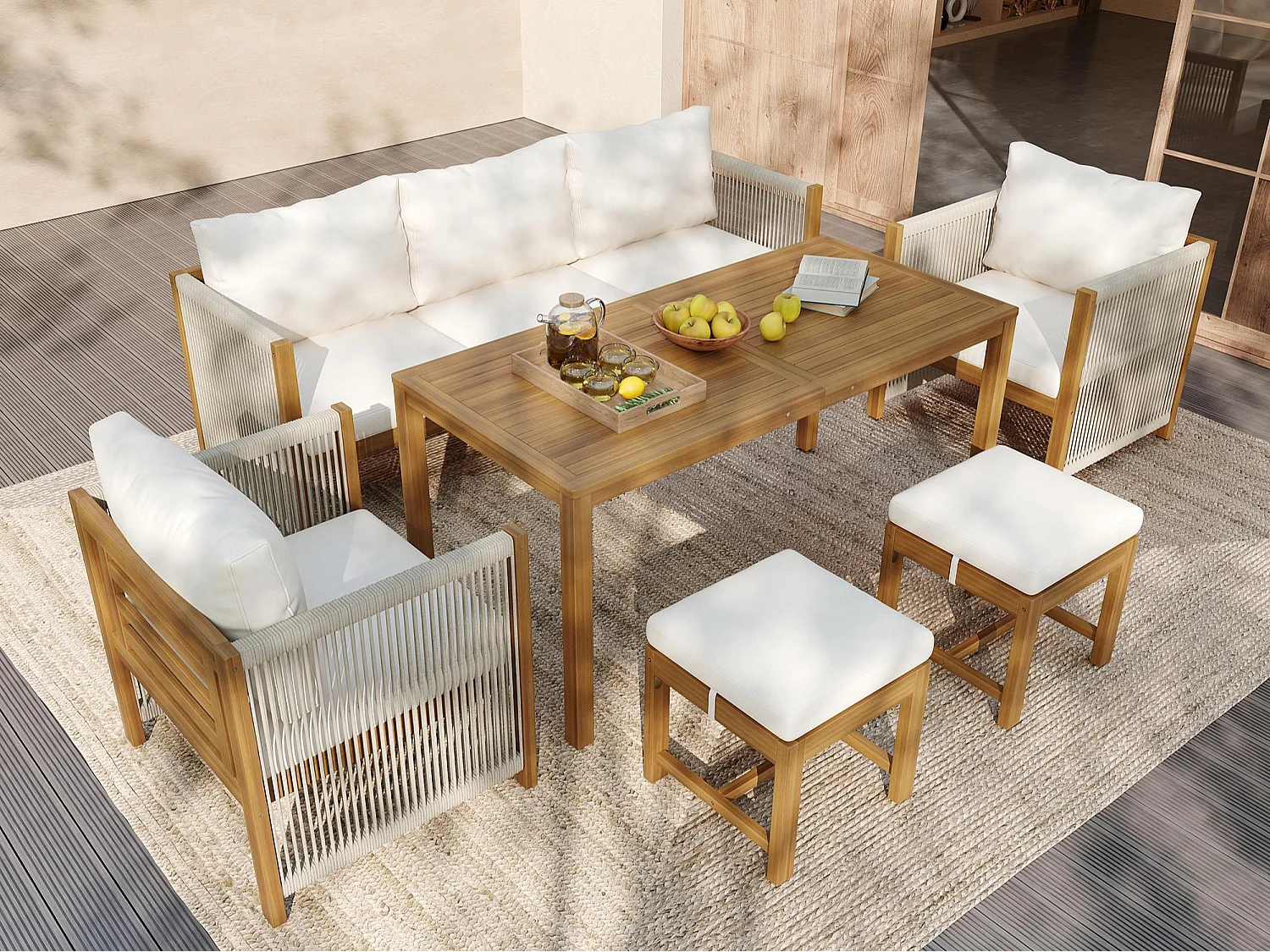 Ensemble de salle à manger de jardin pour 7 places, canapé, 2 canapés simples, 2 tabourets, table à manger, plateau en acacia, acier galvanisé, Beige