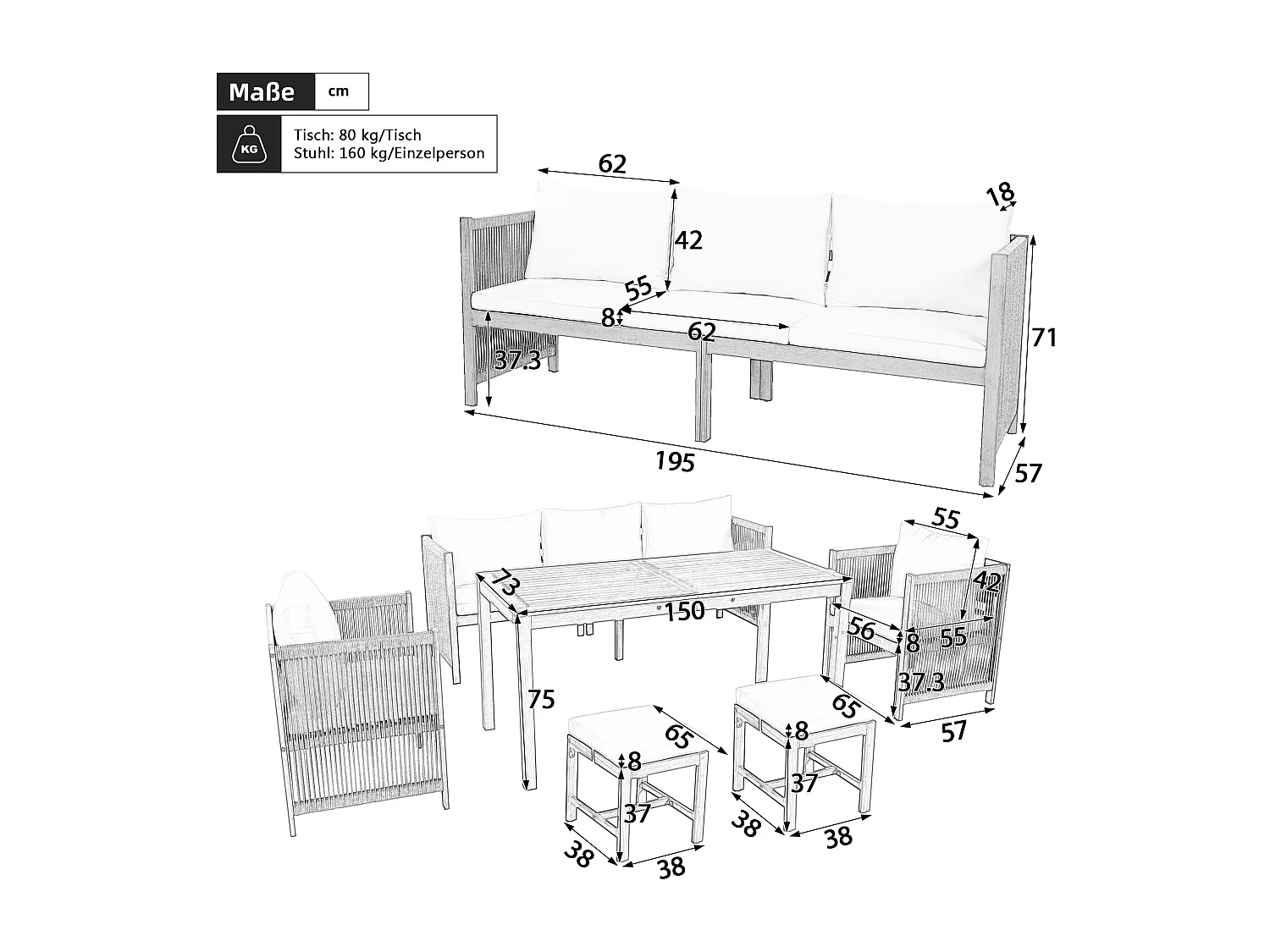 Ensemble de salle à manger de jardin pour 7 places, canapé, 2 canapés simples, 2 tabourets, table à manger, plateau en acacia, acier galvanisé, Beige