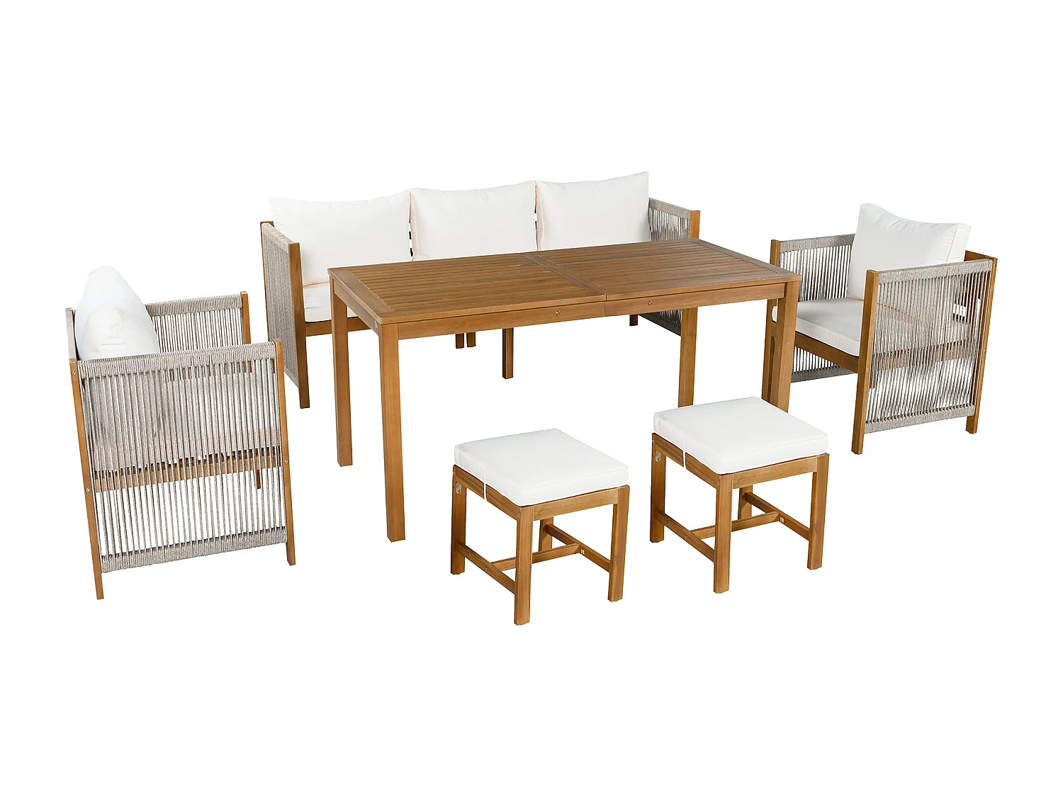 Ensemble de salle à manger de jardin pour 7 places, canapé, 2 canapés simples, 2 tabourets, table à manger, plateau en acacia, acier galvanisé, Beige
