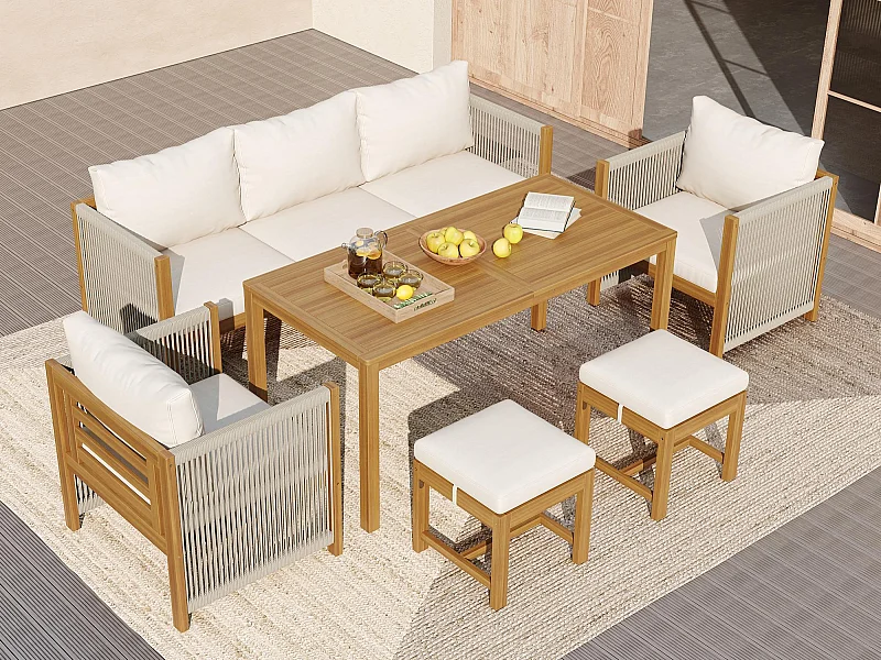 Tuin eetkamer set voor 7 personen, bank, 2 eenpersoonsbanken, 2 krukken, eettafel, blad van acacia, gegalvaniseerd staal, Beige