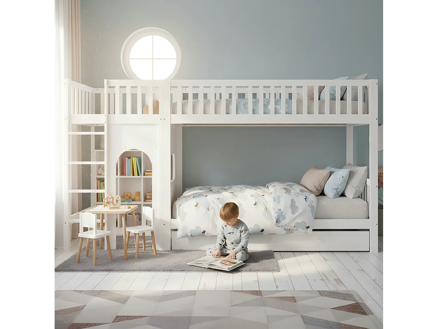 Łóżko piętrowe dziecięce 90x200 cm - z 1 dużą szufladą - z 4-stopniową drabiną - drewno lite + MDF - biały​ (bez materaca)