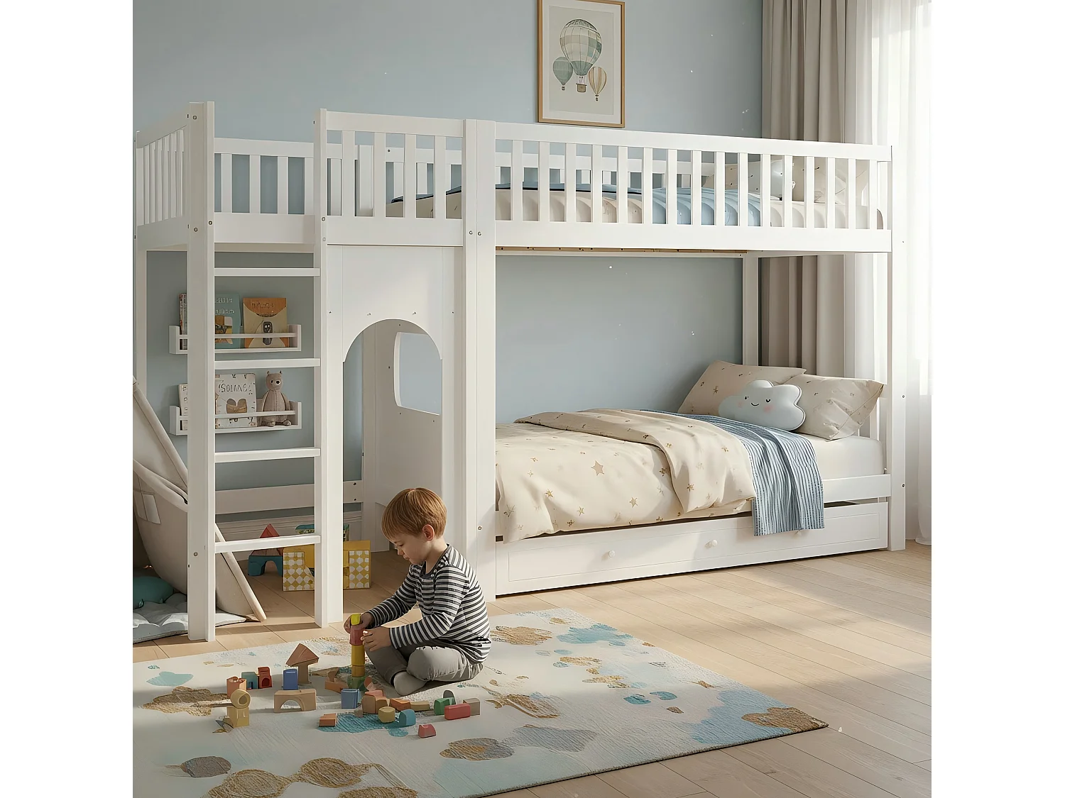 Łóżko piętrowe dziecięce 90x200 cm - z 1 dużą szufladą - z 4-stopniową drabiną - drewno lite + MDF - biały​ (bez materaca)