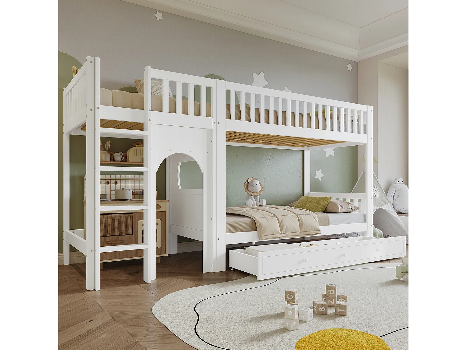 Łóżko piętrowe dziecięce 90x200 cm - z 1 dużą szufladą - z 4-stopniową drabiną - drewno lite + MDF - biały​ (bez materaca)