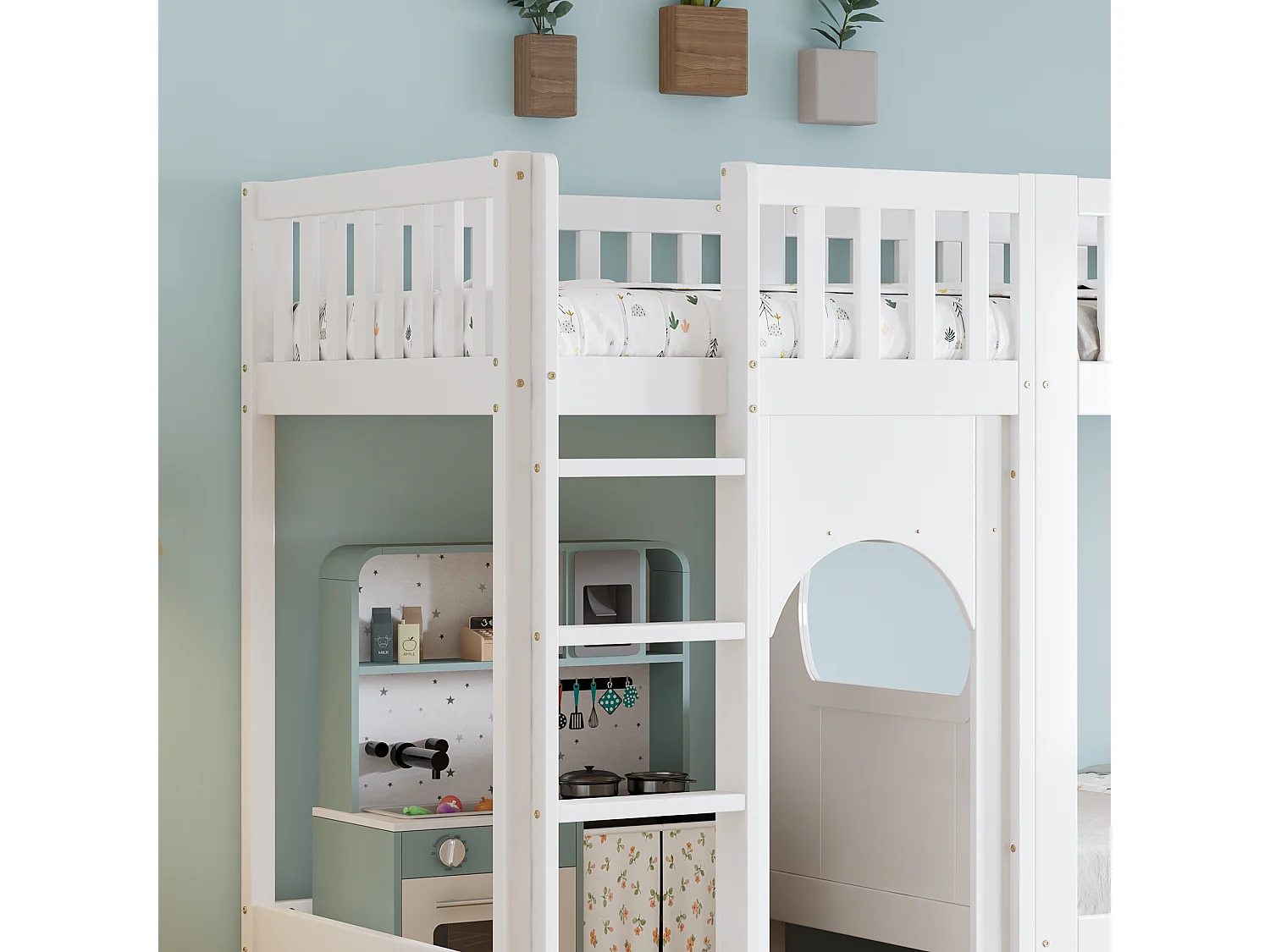 Łóżko piętrowe dziecięce 90x200 cm - z 1 dużą szufladą - z 4-stopniową drabiną - drewno lite + MDF - biały​ (bez materaca)