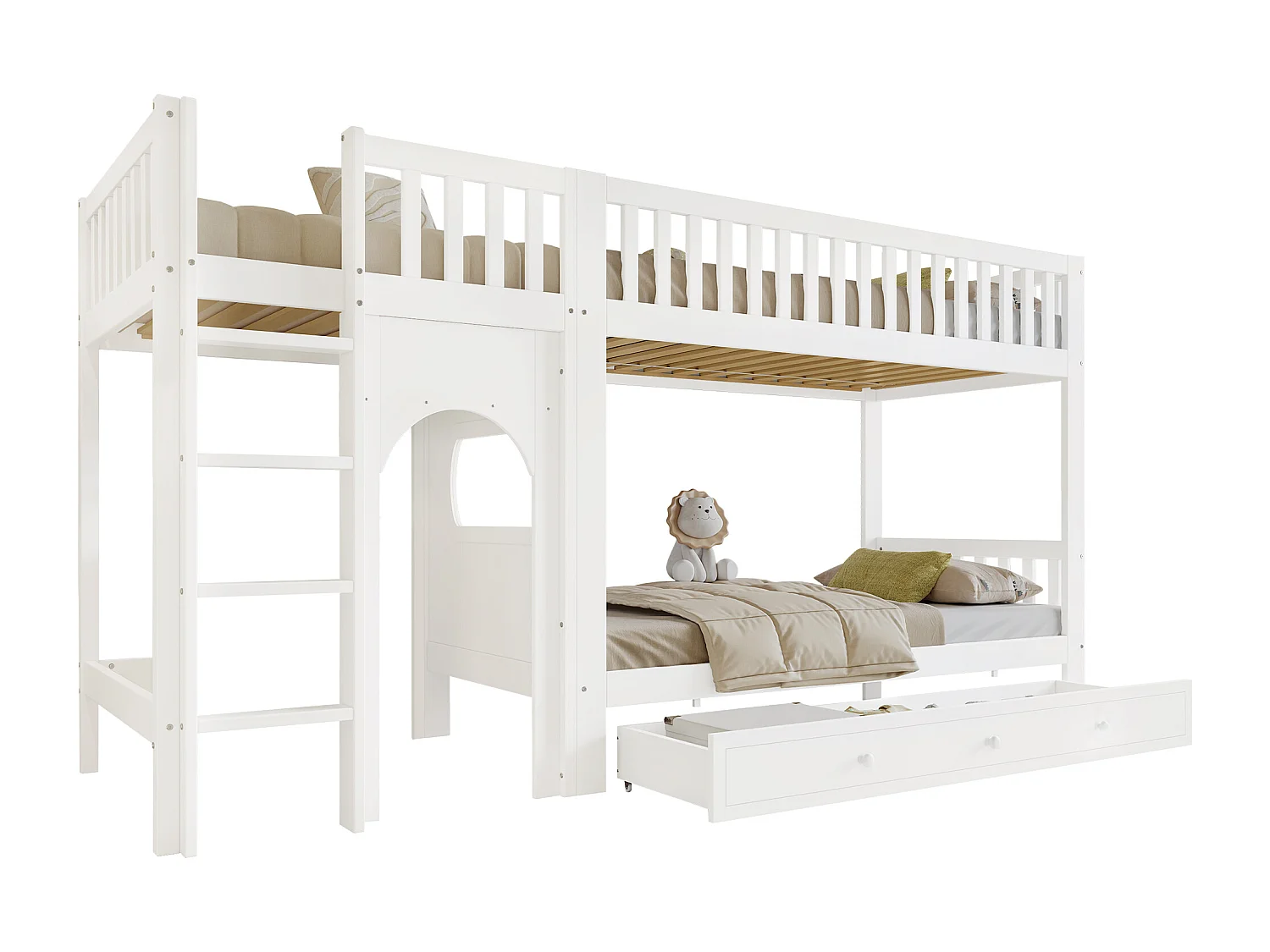 Łóżko piętrowe dziecięce 90x200 cm - z 1 dużą szufladą - z 4-stopniową drabiną - drewno lite + MDF - biały​ (bez materaca)