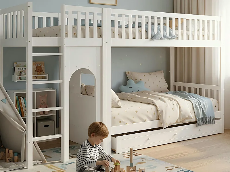 Etagenbett für Kinder 90x200 cm - mit 1 großer Schublade - mit 4-stufiger Leiter - Massivholz + MDF - weiß​ (ohne Matratze)