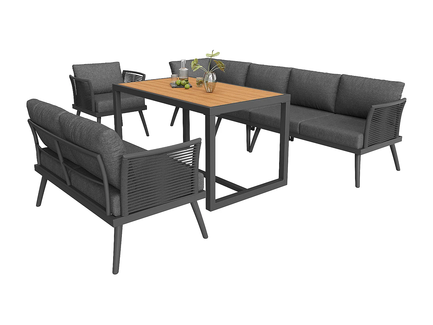 Tuinsalon, meubelset, voor 6-7 personen - hoekbank - 2 fauteuils - tafel - touwwerk - van gegalvaniseerd ijzer, Grijs