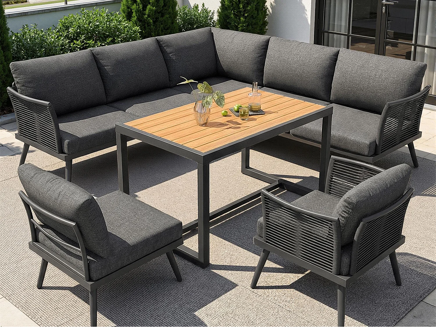 Garten-Salon, Möbelset, für 6-7 Personen - Ecksofa - 2 Sessel - Tisch - Tauwerk - aus verzinktem Eisen, Grau