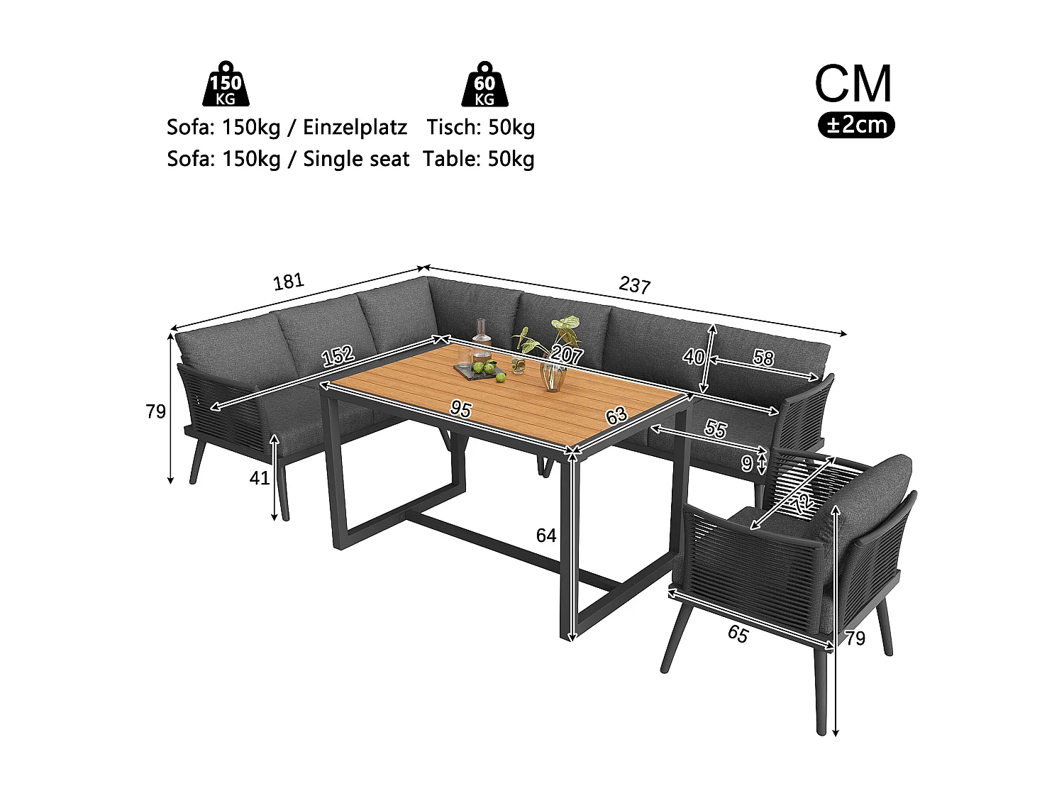 Garten-Salon, Möbelset, für 6-7 Personen - Ecksofa - 2 Sessel - Tisch - Tauwerk - aus verzinktem Eisen, Grau