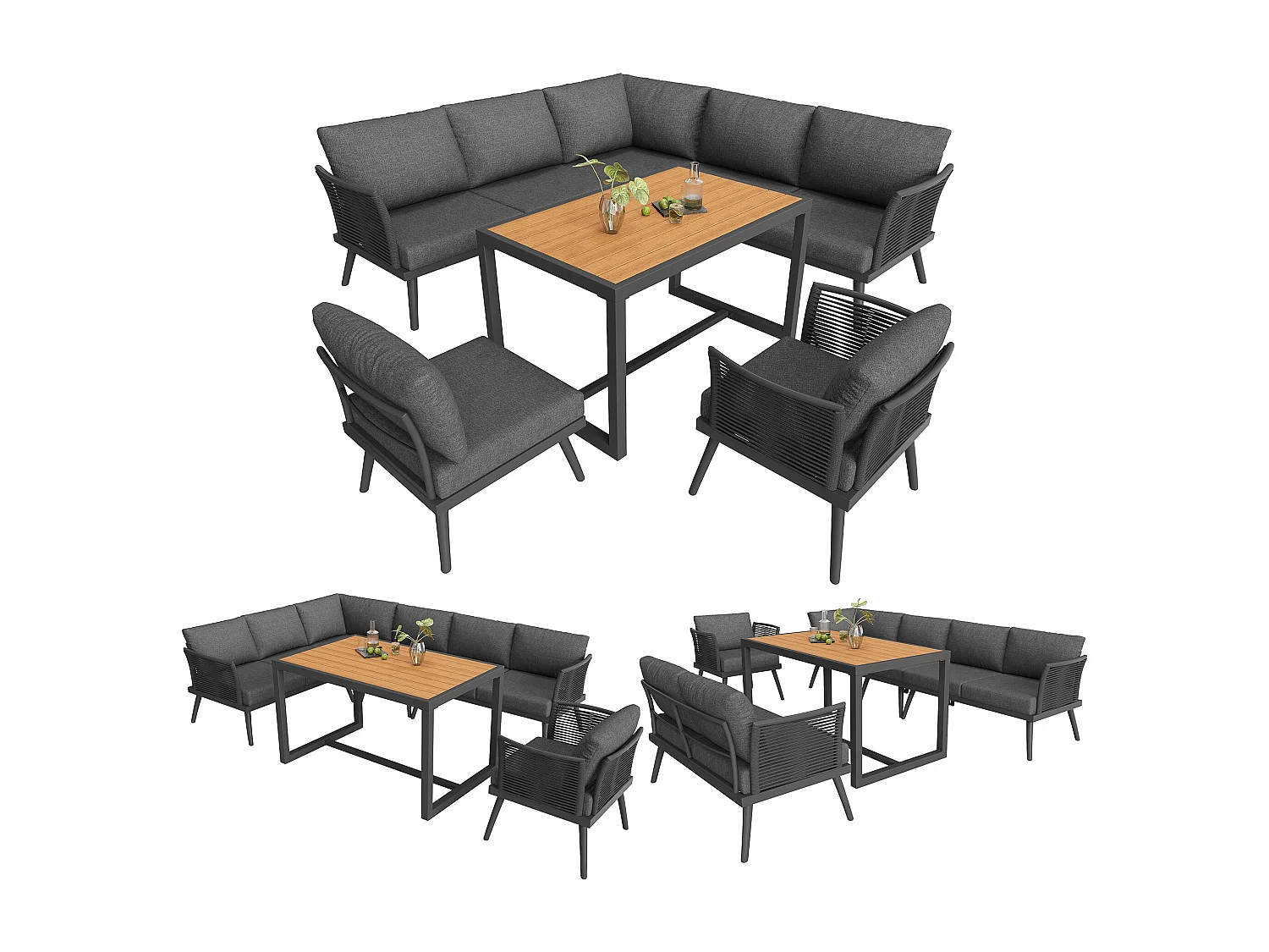 Garten-Salon, Möbelset, für 6-7 Personen - Ecksofa - 2 Sessel - Tisch - Tauwerk - aus verzinktem Eisen, Grau