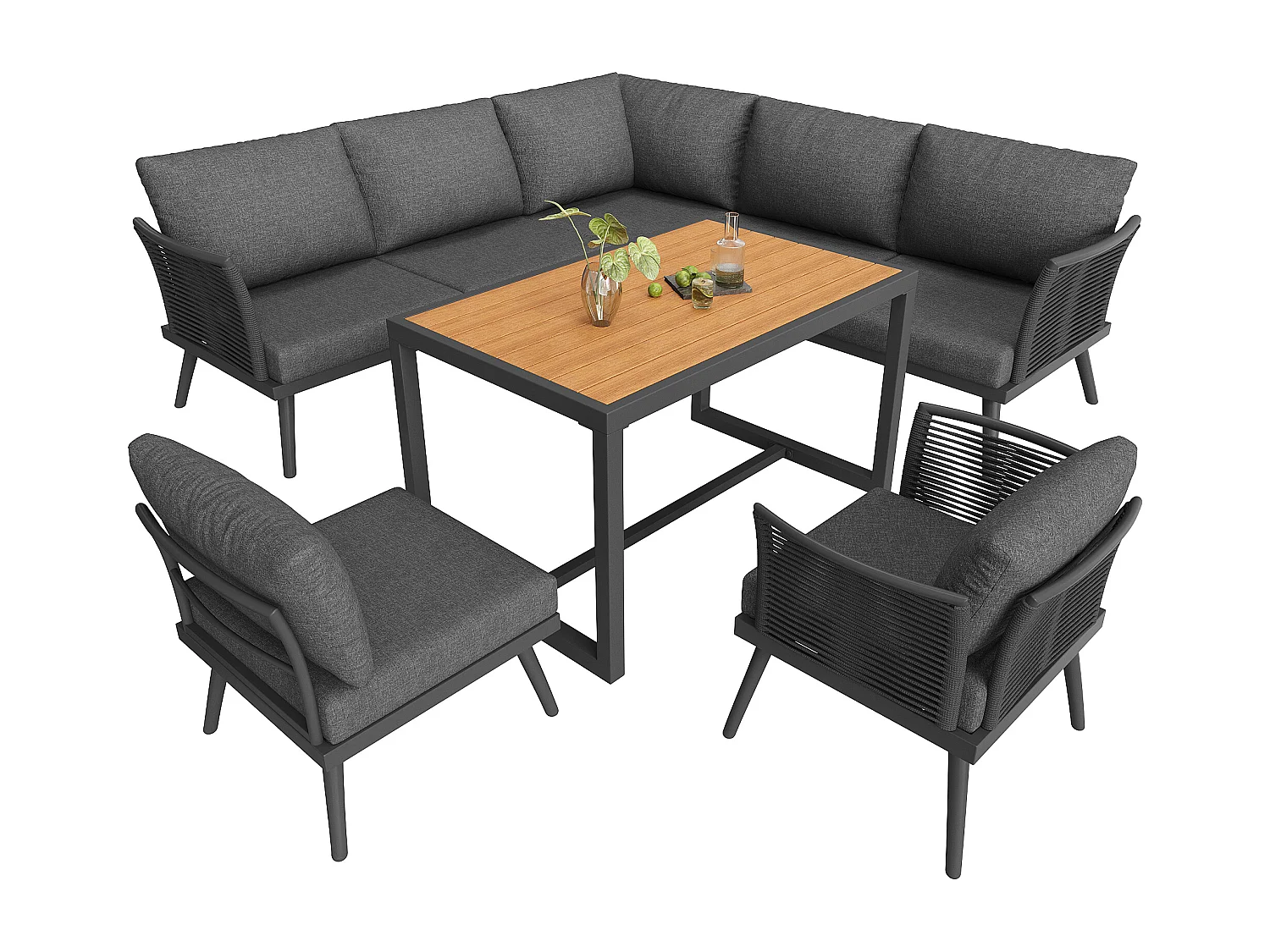 Garten-Salon, Möbelset, für 6-7 Personen - Ecksofa - 2 Sessel - Tisch - Tauwerk - aus verzinktem Eisen, Grau