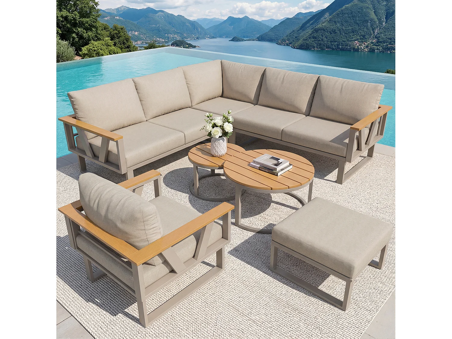 Salon de jardin - 6-7 places - en fer galvanisé - canapé d'angle - avec table basse gigogne - en bois plastique - fauteuil - repose-pieds, Beige