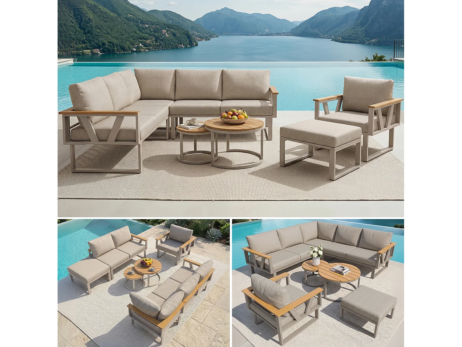 Salon de jardin - 6-7 places - en fer galvanisé - canapé d'angle - avec table basse gigogne - en bois plastique - fauteuil - repose-pieds, Beige