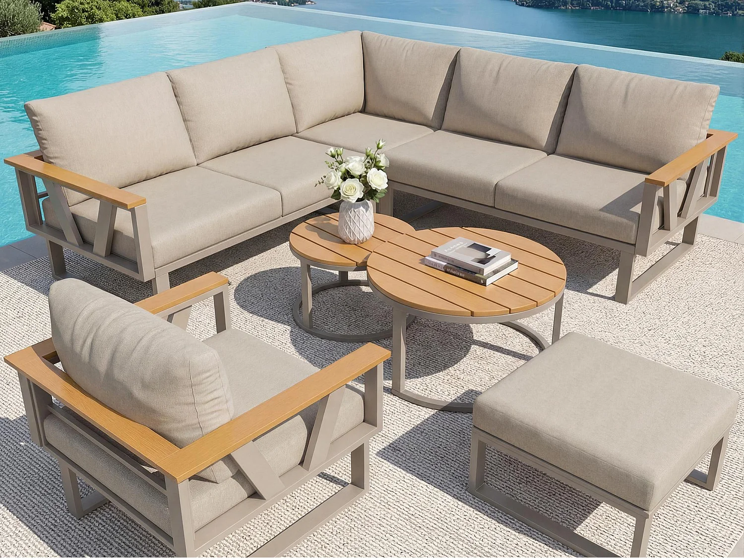 Salon de jardin - 6-7 places - en fer galvanisé - canapé d'angle - avec table basse gigogne - en bois plastique - fauteuil - repose-pieds, Beige