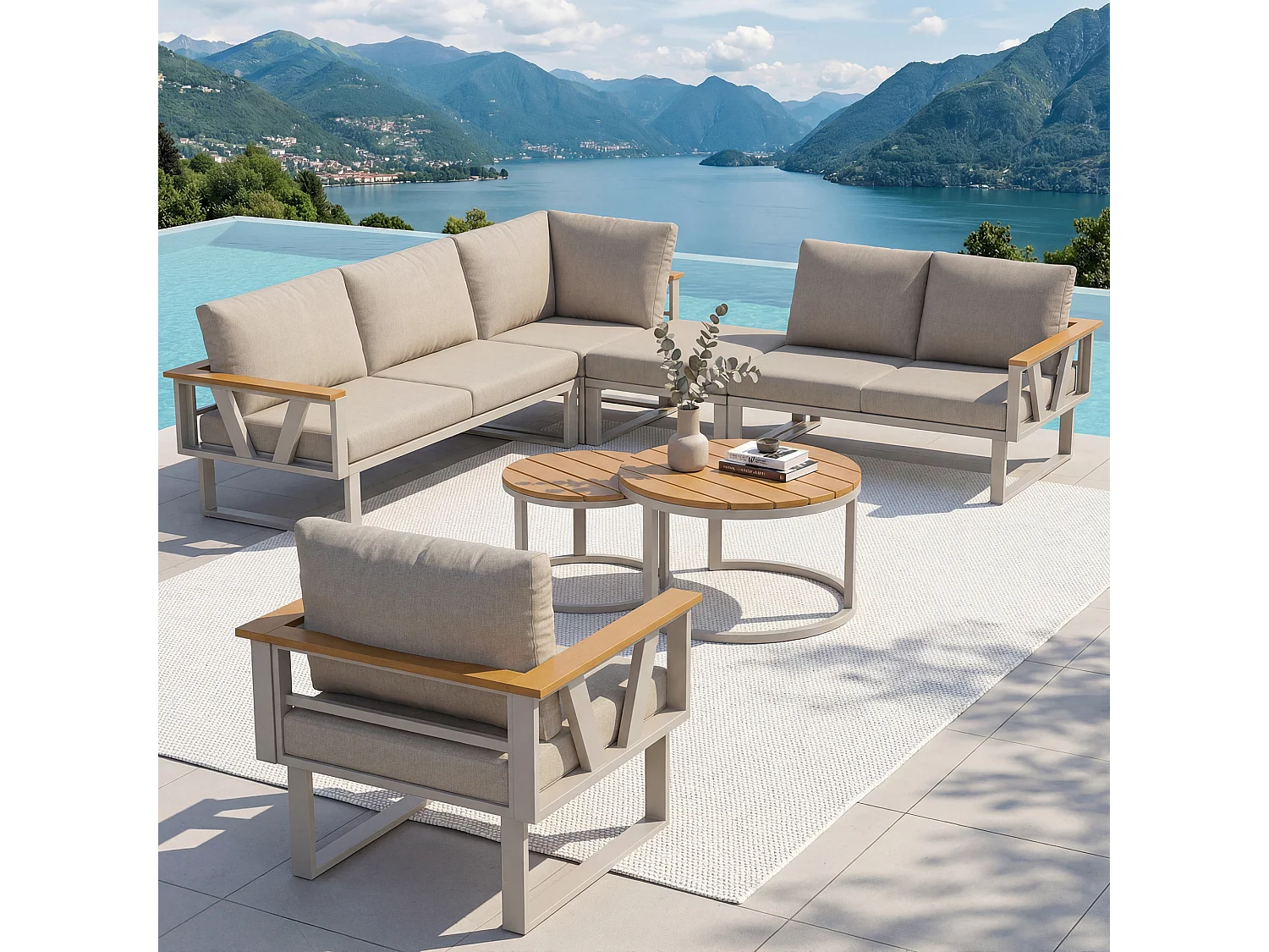 Salon de jardin - 6-7 places - en fer galvanisé - canapé d'angle - avec table basse gigogne - en bois plastique - fauteuil - repose-pieds, Beige