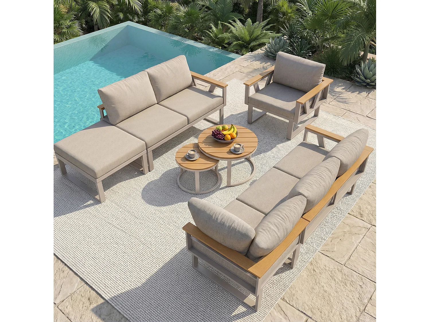 Salon de jardin - 6-7 places - en fer galvanisé - canapé d'angle - avec table basse gigogne - en bois plastique - fauteuil - repose-pieds, Beige