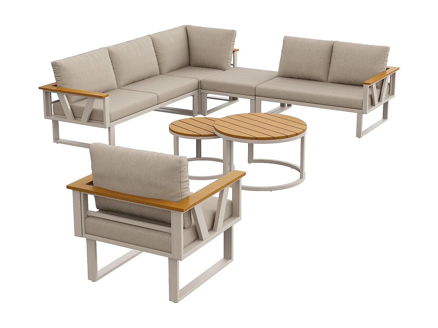 Salon de jardin - 6-7 places - en fer galvanisé - canapé d'angle - avec table basse gigogne - en bois plastique - fauteuil - repose-pieds, Beige