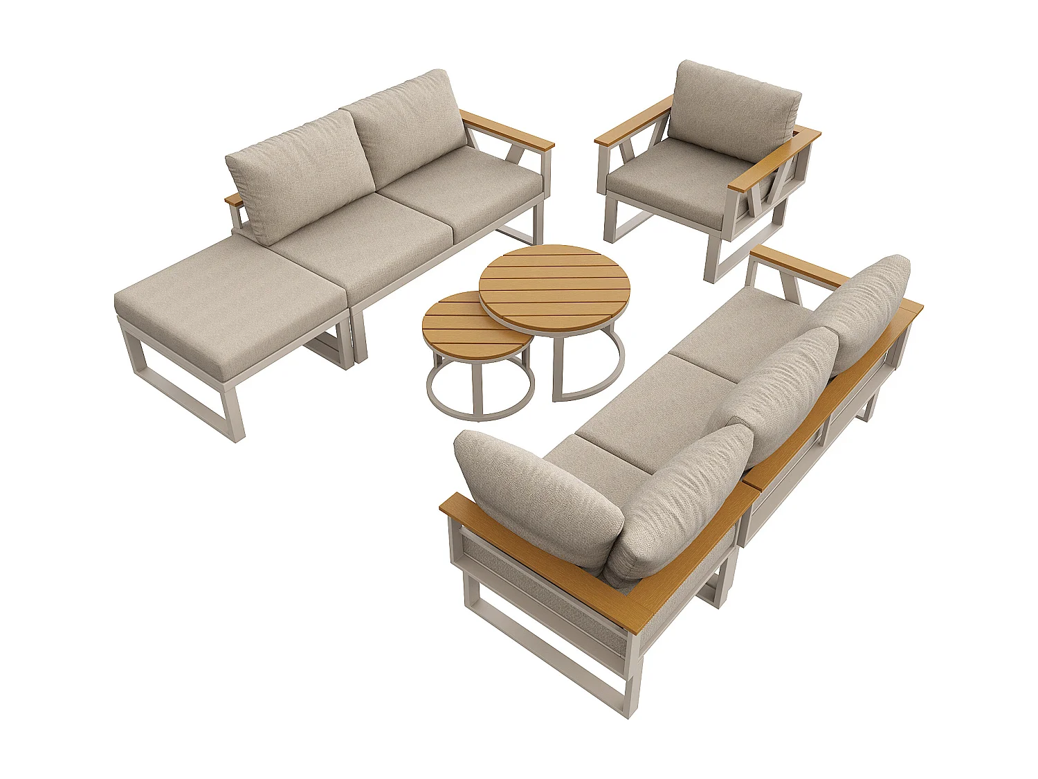 Salon de jardin - 6-7 places - en fer galvanisé - canapé d'angle - avec table basse gigogne - en bois plastique - fauteuil - repose-pieds, Beige