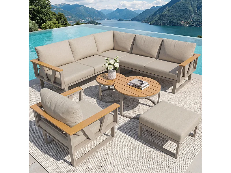 Salon de jardin - 6-7 places - en fer galvanisé - canapé d'angle - avec table basse gigogne - en bois plastique - fauteuil - repose-pieds, Beige