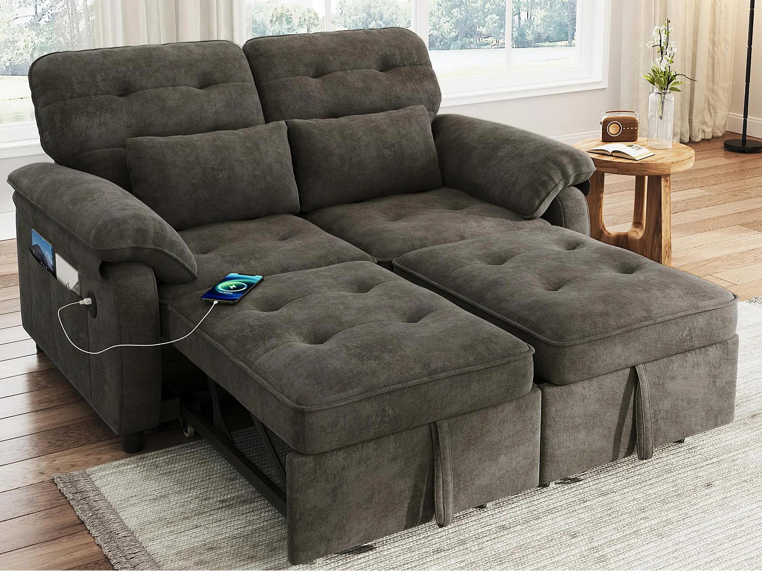 Canapé 3 en 1 - 2 places - Canapé pliable - Dossier réglable - Port de chargement USB - Comprend 2 coussins - Chenil - gris