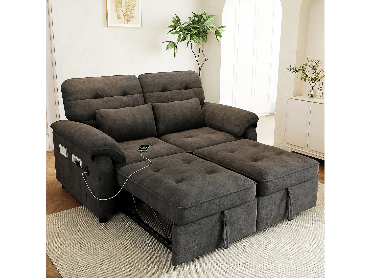 Canapé 3 en 1 - 2 places - Canapé pliable - Dossier réglable - Port de chargement USB - Comprend 2 coussins - Chenil - gris