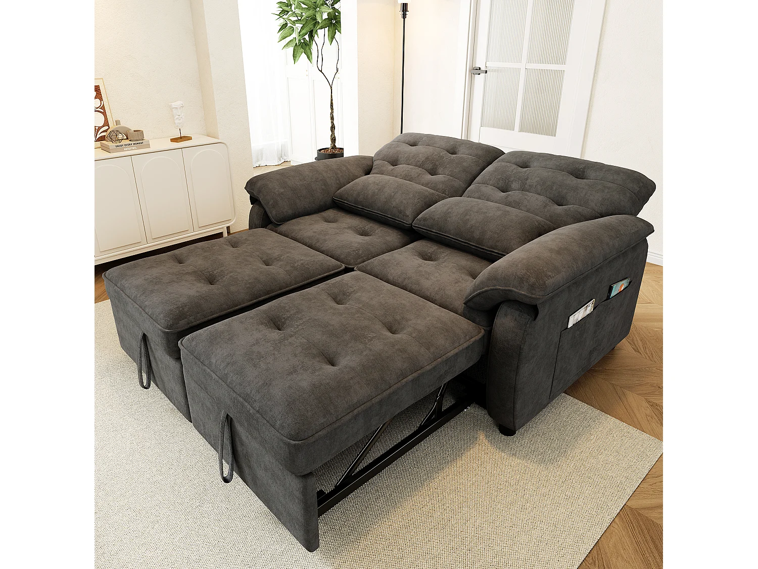 Canapé 3 en 1 - 2 places - Canapé pliable - Dossier réglable - Port de chargement USB - Comprend 2 coussins - Chenil - gris