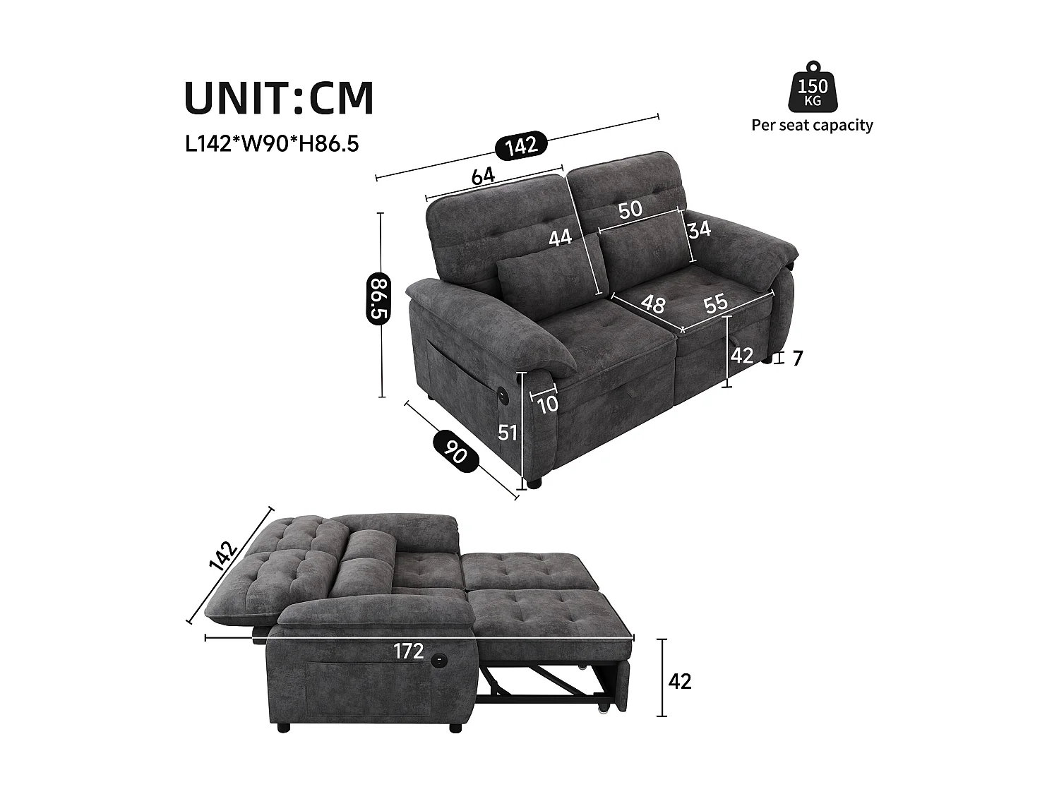 Canapé 3 en 1 - 2 places - Canapé pliable - Dossier réglable - Port de chargement USB - Comprend 2 coussins - Chenil - gris