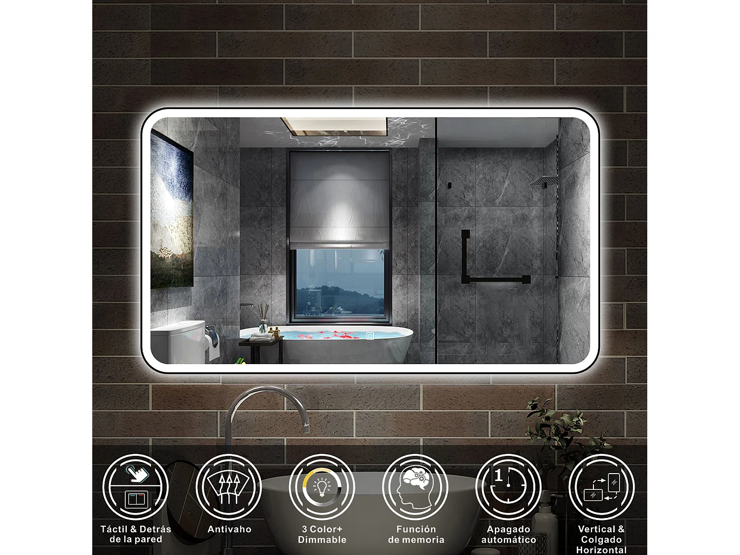 Espelho de banheiro com iluminação LED 120 x 70 cm, Iluminação tricolor, função antiembaçante, brilho ajustável, recurso de memória de desligamento