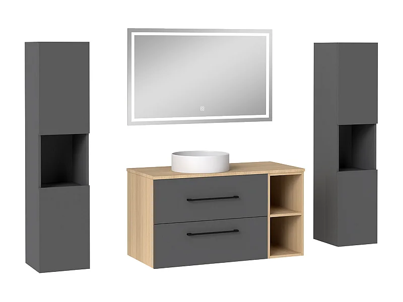 AICA Ensemble meuble de Salle de Bain Suspendu 100cm avec lavabo à poser + 2*Colonne + Miroir LED Dimmable