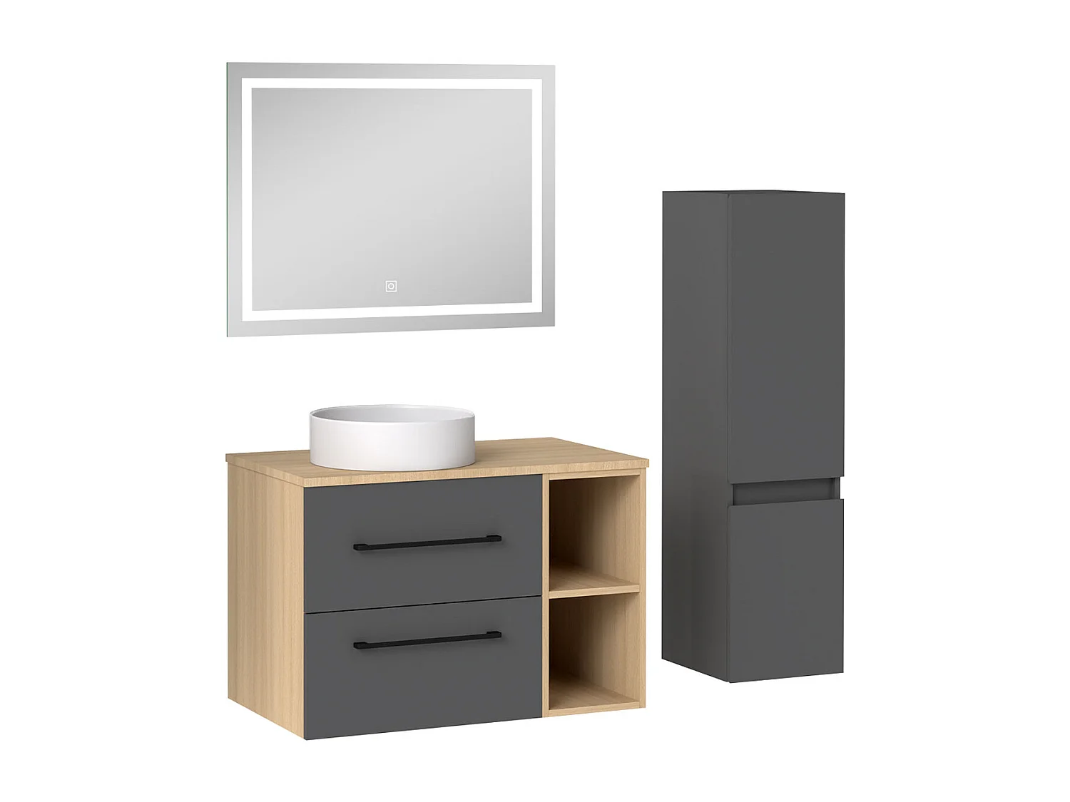 AICA Ensemble meuble de Salle de Bain Suspendu 80cm avec vasque à poser + Colonne + Miroir LED Dimmable