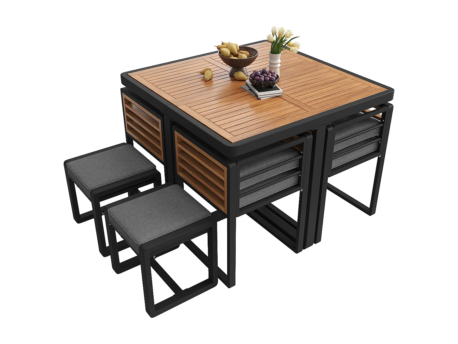 Garten-Esszimmer-Set für 10-12 Personen, 2 Esstische mit Akazienholz-Platte, aus verzinktem Eisen, 8 Sessel, 4 Hocker, grau