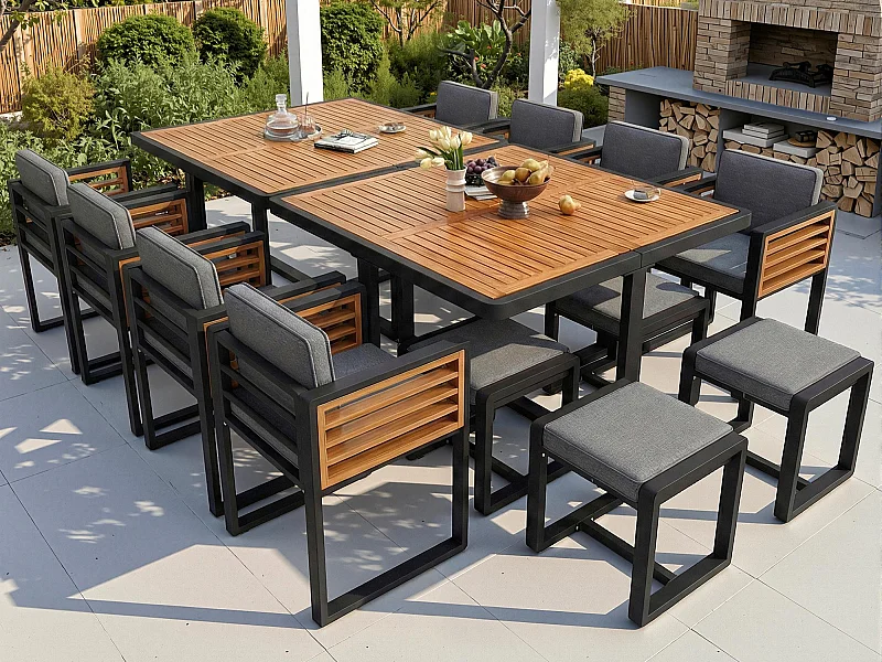 Garten-Esszimmer-Set für 10-12 Personen, 2 Esstische mit Akazienholz-Platte, aus verzinktem Eisen, 8 Sessel, 4 Hocker, grau